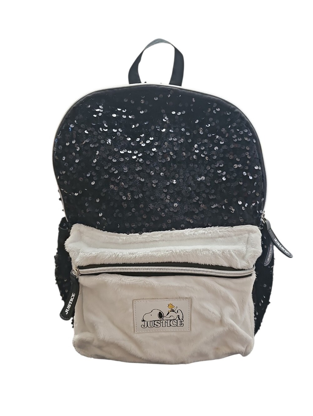 Justice Peanuts Snoopy Black Sequir Backpack Hooded Fuzzy Pocket EUC